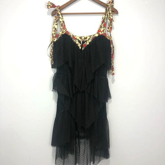 Free People Dresses & Skirts - Free People Lace Layered Black Sheer Ruffle Dress Size L
